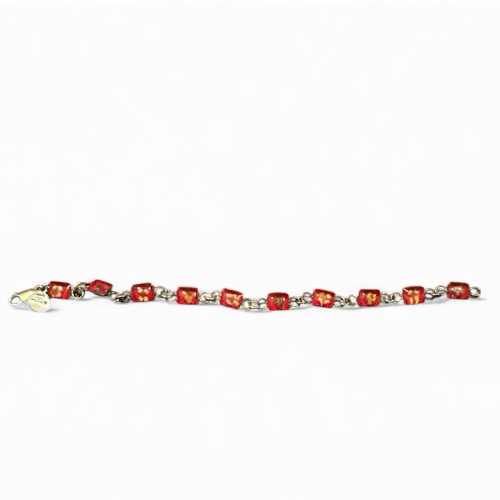 Vintage 925 Sterling silver Red Lucite Floral Panel Bracelet Forget Me Not